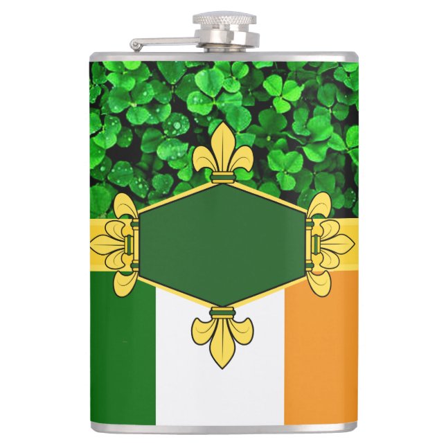 Ireland green shamrocks, add monogram/initials 11 hip flask (Front)