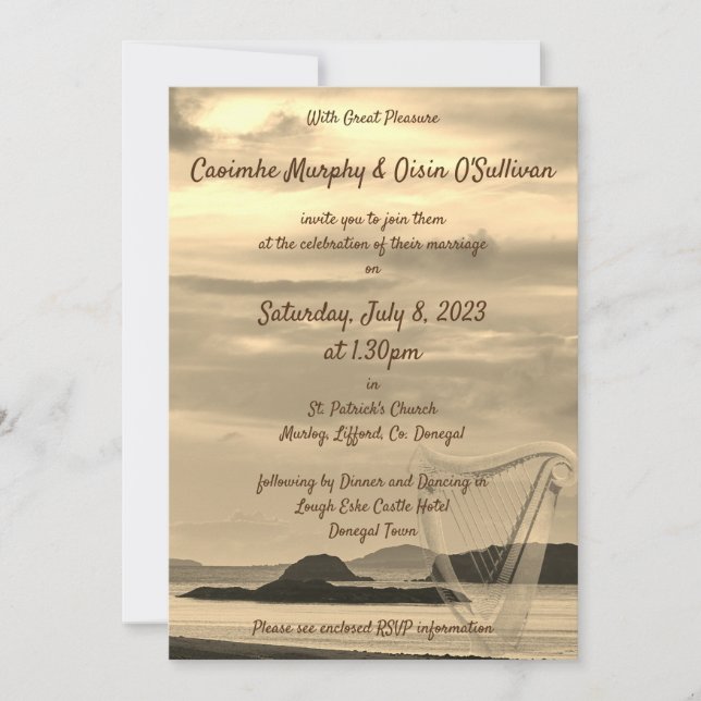 Ireland Scenic Wedding Invitation with Irish Harp (Front)