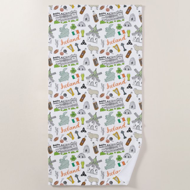 Ireland Sketch Doodle Pattern Beach Towel (Front)