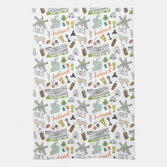 Ireland Sketch Doodle Pattern Kitchen Towel (Vertical)