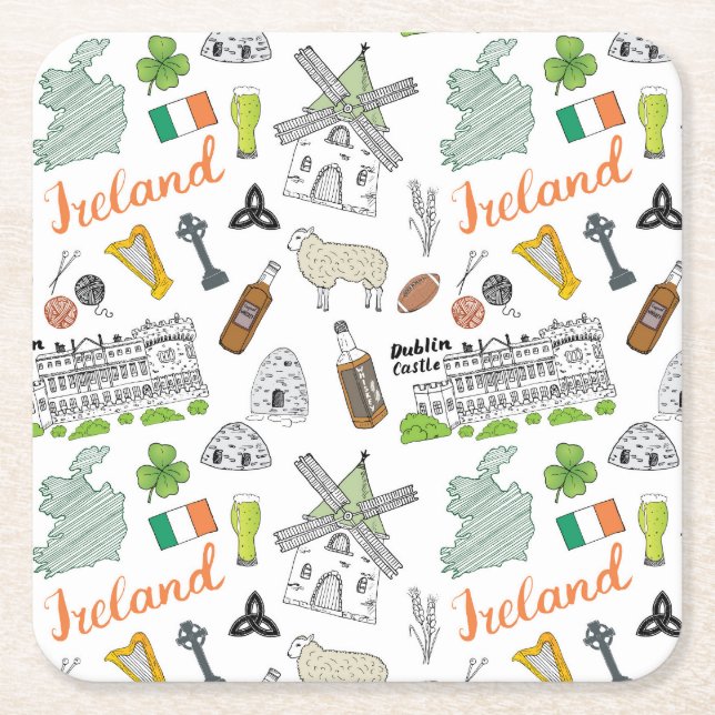 Ireland Sketch Doodle Pattern Square Paper Coaster (Front)