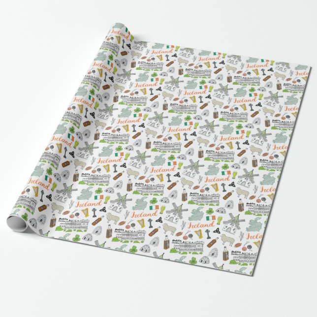 Ireland Sketch Doodle Pattern Wrapping Paper (Unrolled)