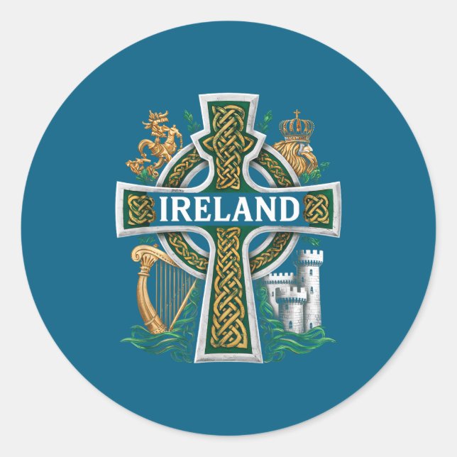 Ireland St Patrick Day Celtic Cross Green Celebrat Classic Round Sticker (Front)