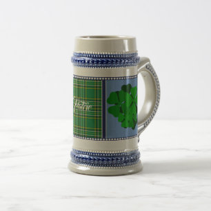 Ireland tartan,shamrock, 4 leaf clover, add name beer stein