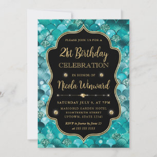 Iridescent and Gold Mermaid Scales Frame Birthday Invitation