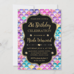Iridescent and Gold Mermaid Scales Frame Birthday Invitation