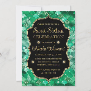 Iridescent and Gold Mermaid Scales Frame Sweet 16 Invitation