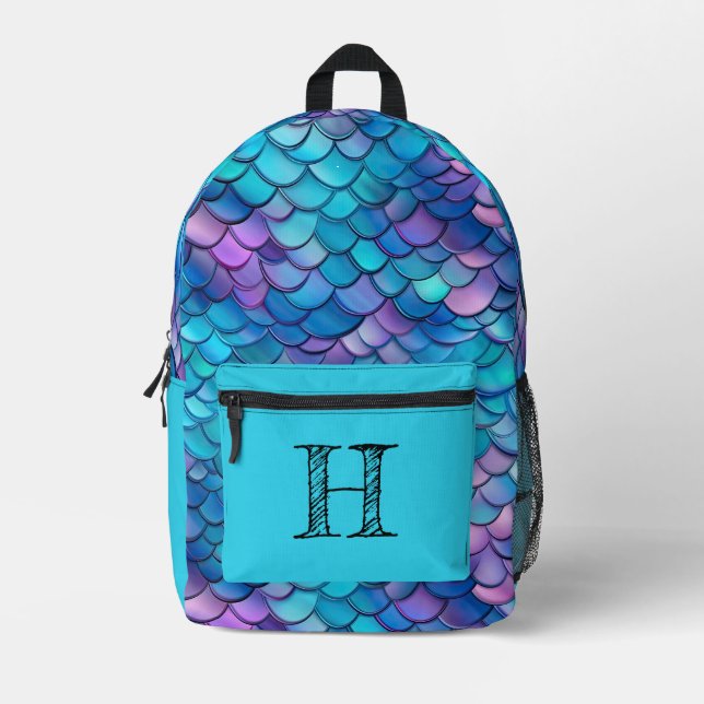 Iridescent Aqua Mermaid Monogram Printed Backpack (Front)