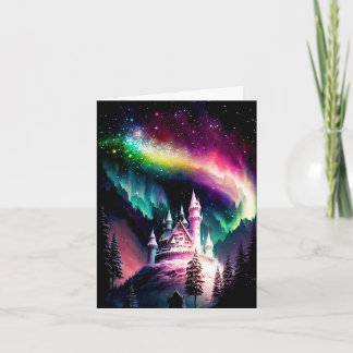 Iridescent Aurora Borealis Over Enchanted Castle Card