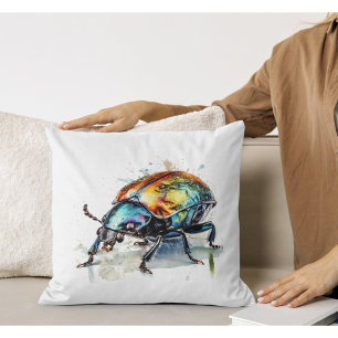 Iridescent Beetle in Watercolor Throw Pillow