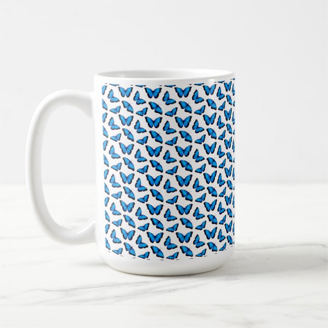 Iridescent Blue Butterflies Black Coffee Mug (Left)