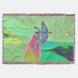 Iridescent Blue Dragonfly on Pink Waterlily Throw Blanket