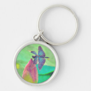 Iridescent Blue Dragonfly on Waterlily Keychain