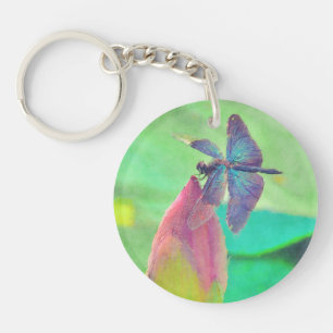 Iridescent Blue Dragonfly on Waterlily Keychain