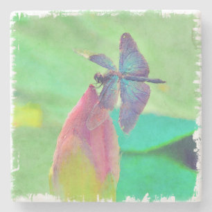 Iridescent Blue Dragonfly on Waterlily Stone Coaster