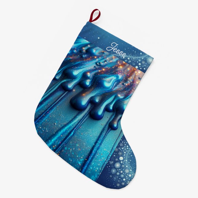 Iridescent Blue Dripping Colour Personalized  Large Christmas Stocking (Front (Hanging))