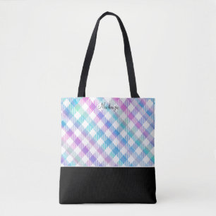 Iridescent Blue Gingham Pattern with Monogram Tote Bag