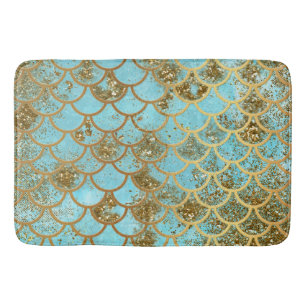 Iridescent Blue Gold Glitter Mermaid Fish Scales Bath Mat