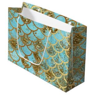 Iridescent Blue Gold Glitter Mermaid Fish Scales Large Gift Bag