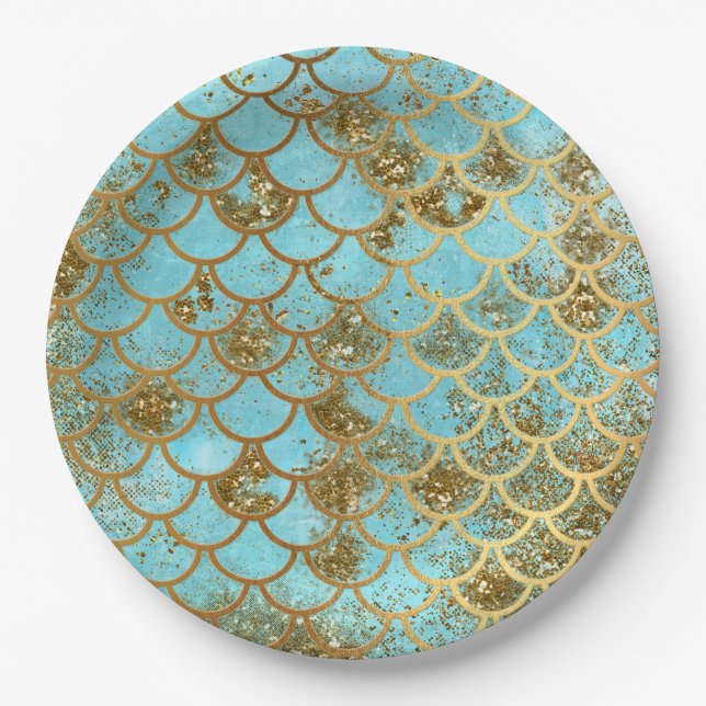 Iridescent Blue Gold Glitter Mermaid Fish Scales Paper Plate (Front)