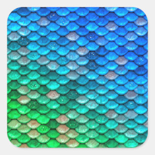 Iridescent Blue Green Glitter Mermaid Fish Scales Square Sticker