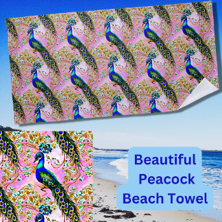  Iridescent Blue Green Peacock, Gold on Pink  Beach Towel