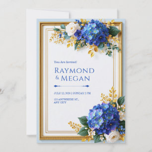 Iridescent Blue Hydrangea Gold Frame Wedding Invitation