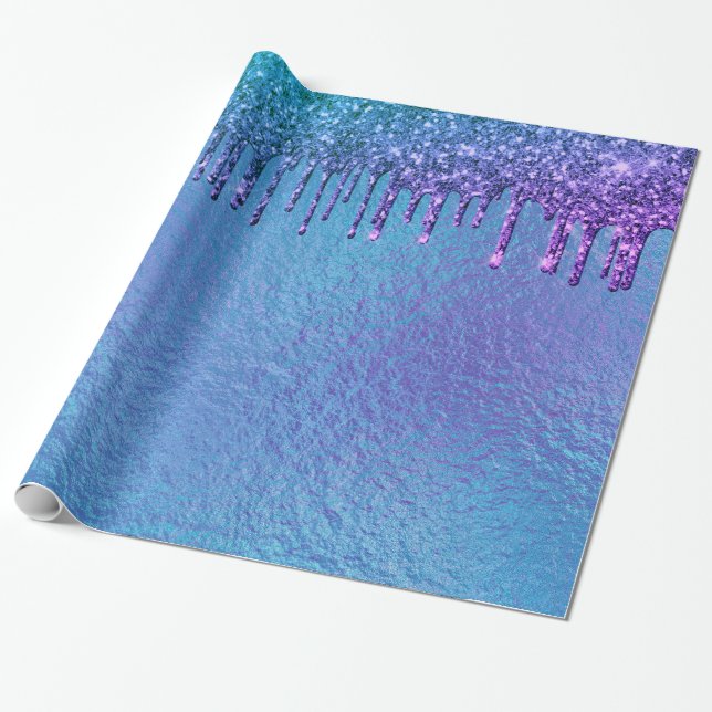 Iridescent Blue Purple Glitter Drips Pretty Wrapping Paper (Unrolled)