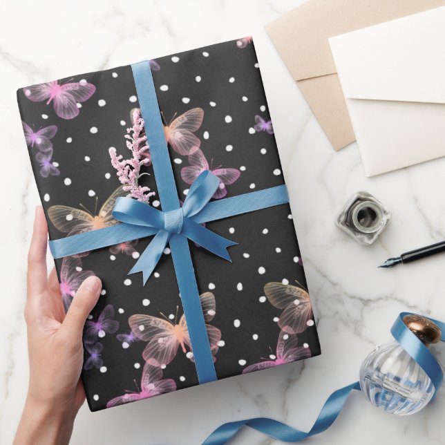 Iridescent Butterflies On Polka Dots Wrapping Paper (Gifting)