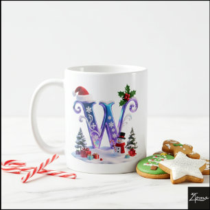Iridescent Christmas Letter W with Snowman Coffee Mug