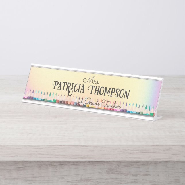 Iridescent Colourful Crayon School Teacher Educato Desk Name Plate (Front)