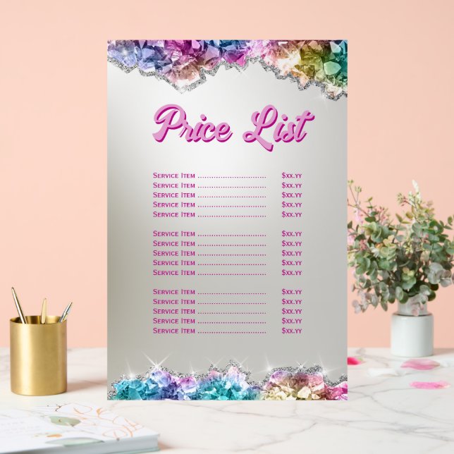 Iridescent Crystals Price List Acrylic Sign (Wedding)