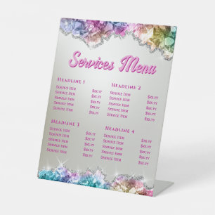 Iridescent crystals services menu pedestal sign