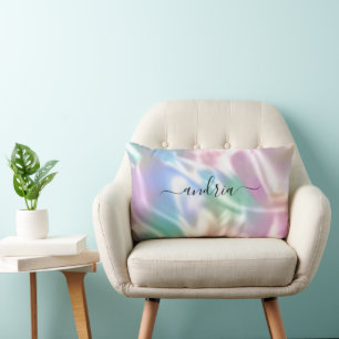 Iridescent Design, Personalize Black Script Name Lumbar Pillow