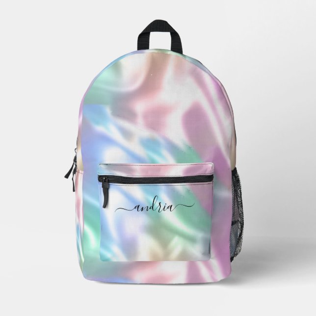 Iridescent Design, Personalize Black Script Name Printed Backpack (Front)