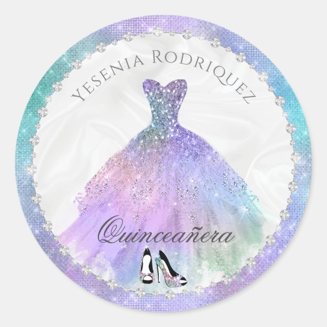 Iridescent Diamond Sparkle Glam Quinceañera Classic Round Sticker (Front)