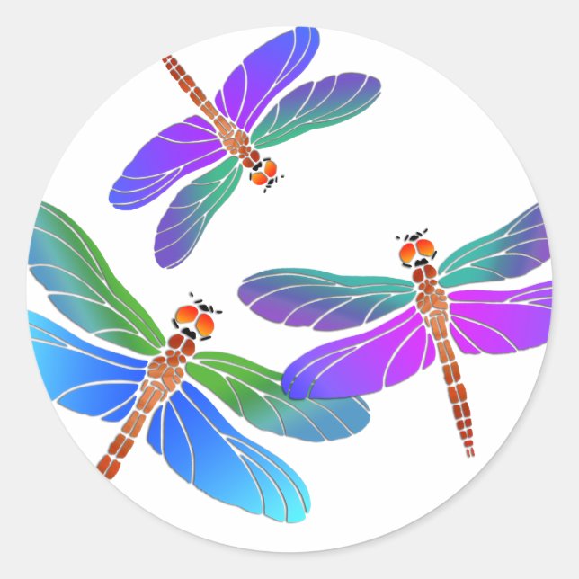 Iridescent Dive Bombing Dragonflies Classic Round Sticker (Front)
