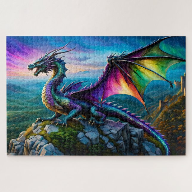 Iridescent Dragon Guards His Land Jigsaw Puzzle (Horizontal)