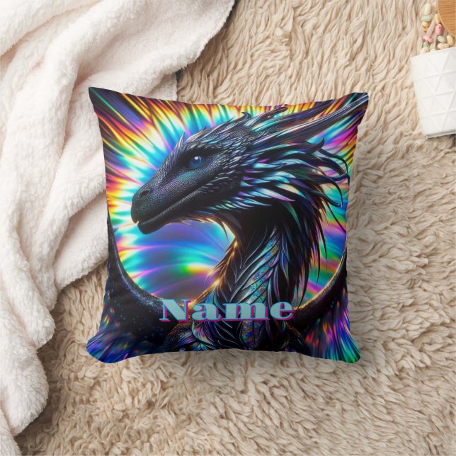  Iridescent Dragon with Vibrant Background Throw Pillow (Blanket)