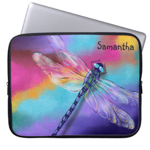 Iridescent Dragonfly Watercolor Rainbow with Name Laptop Sleeve