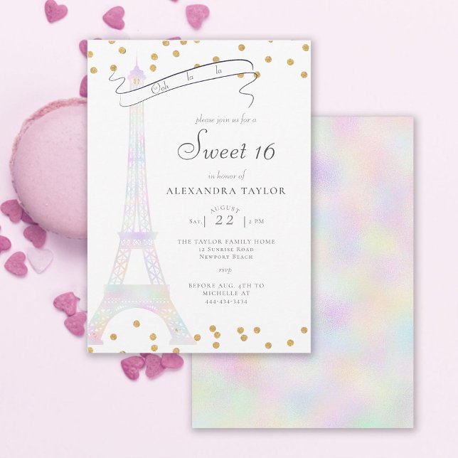 Iridescent Eiffel Tower Paris Gold Chic Sweet 16 Invitation (paris eiffel sweet 16 invitation modern elegant minimalist gold confetti holographic rainbow ooh la)