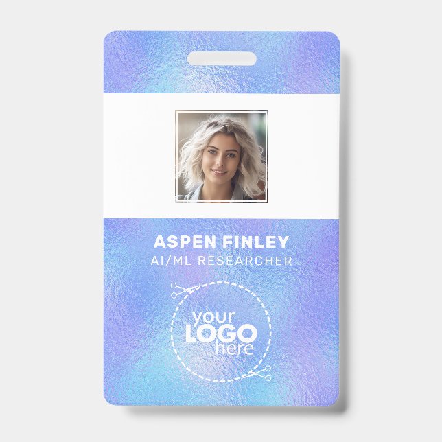 Iridescent Faux Foil Logo Photo QR-Code Name Badge (Front)
