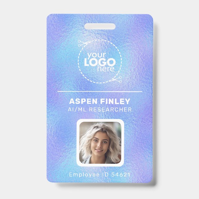 Iridescent Faux Foil Logo Photo QR-Code Name Badge (Front)