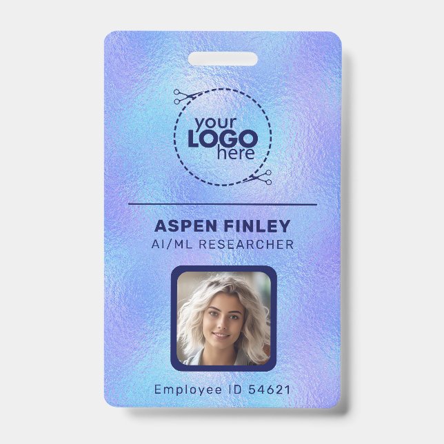 Iridescent Faux Foil Logo Photo QR-Code Name Badge (Front)