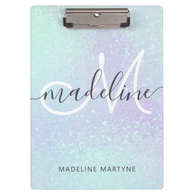 Iridescent Faux Holographic Glitter Monogram Clipboard (Front)