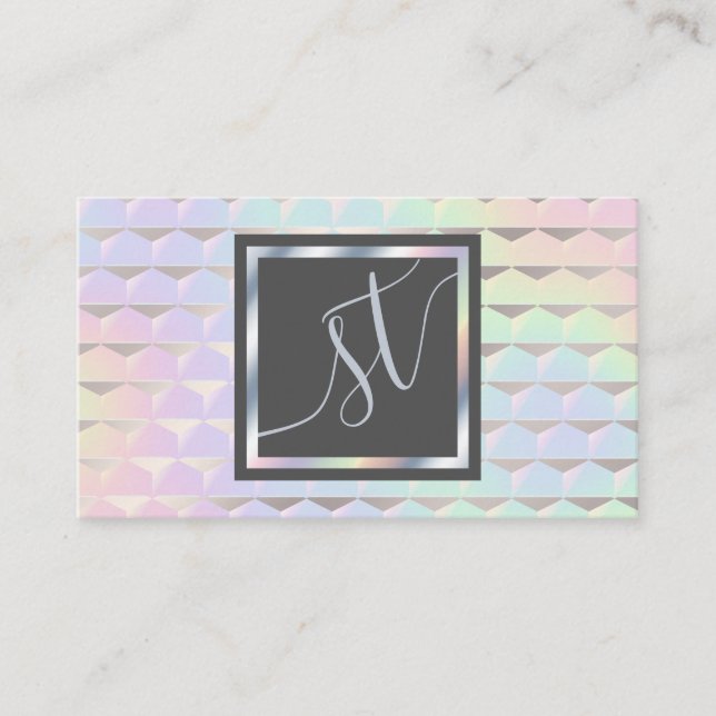 Iridescent Faux Holographic Pattern Monogram Business Card (Front)