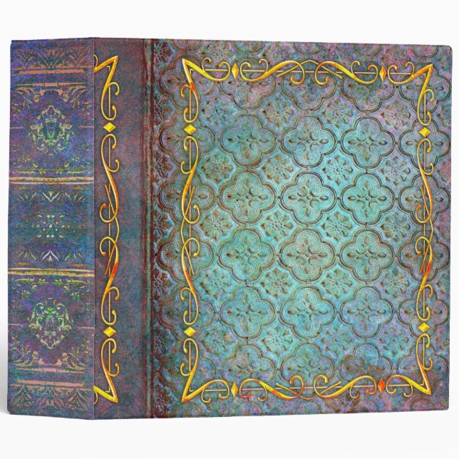 Iridescent Faux Leather Aqua and Gold Ancient Tome Binder (Front/Spine)