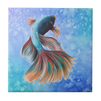 Iridescent fish on blue tile