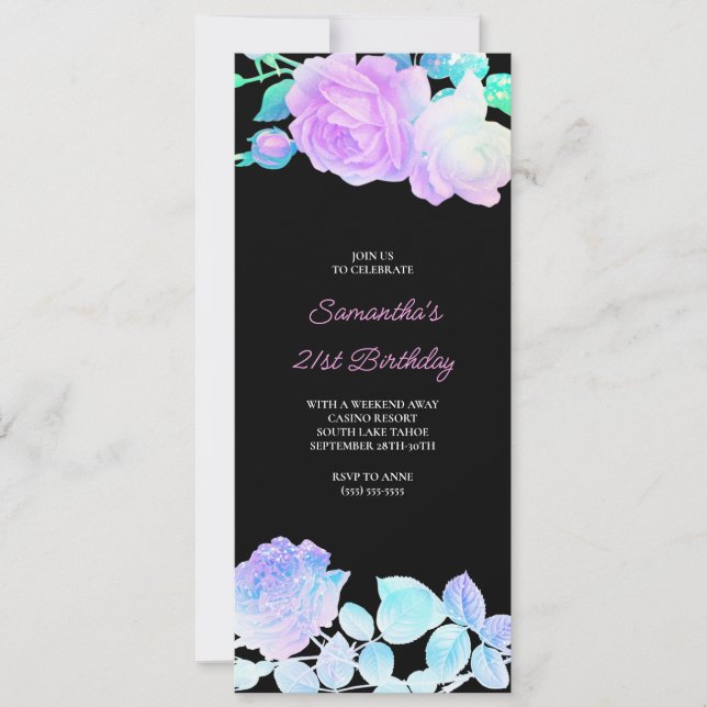 Iridescent Floral Black and Pink 21st Birthday Invitation (Front)