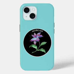 Iridescent Flower, Black Circle, Name iPhone 15 Case
